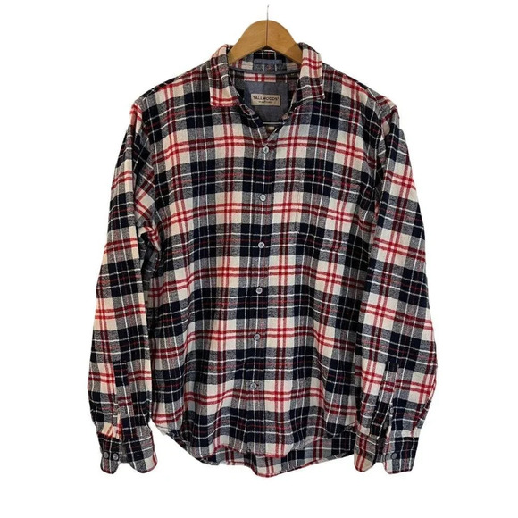 Tallwoods Mens Flannel Button Up Shirt Size Medium Front Pocket Plaid Red Navy - Picture 1 of 4